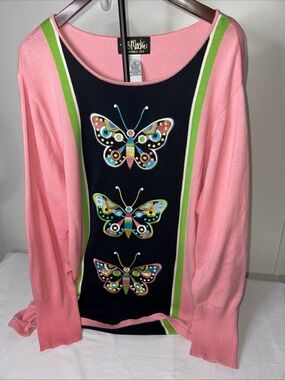 Bob Mackie Pink, Black & Green Butterfly Sweater
